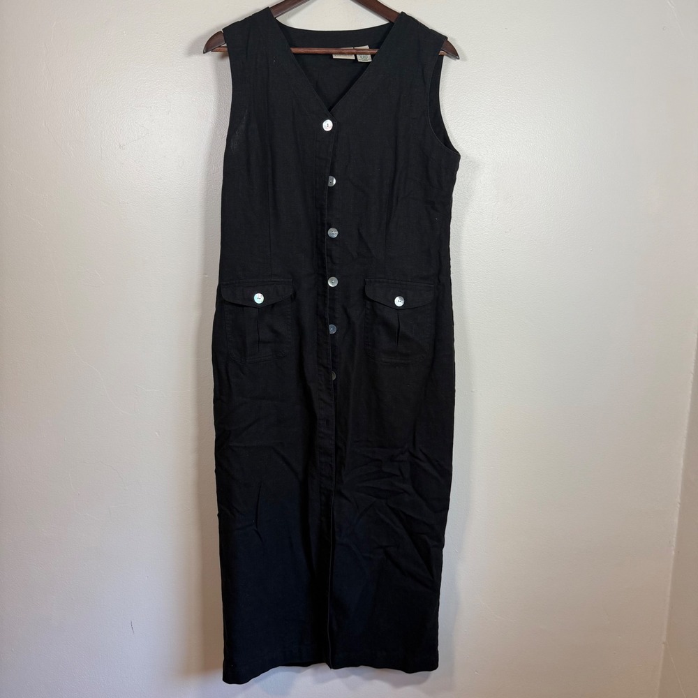 St. Johns Bay Linen Blend Button Front Utility Midi Dress Size 12M Black
